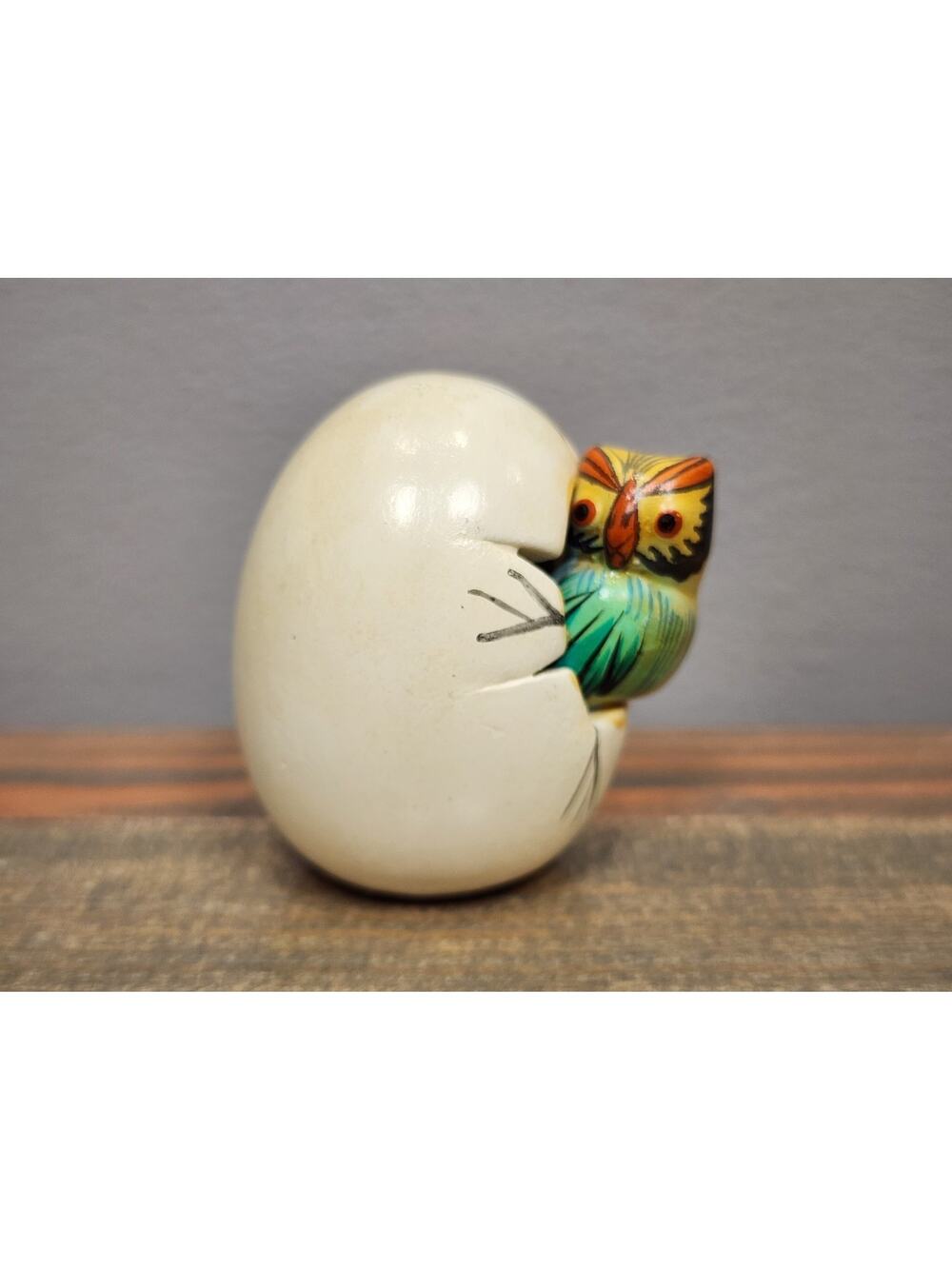 Mexican Folk Art Hand Painted Hatching Owl In Egg Figurine 2" Tall